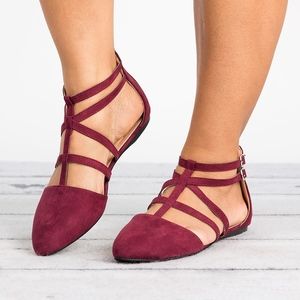 SunnyMia Shoes - Caged Wine Almond Toe Flats SunnyMia Shoes - Caged Wine Almond Toe Flats